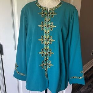 Bob Mackie Wearable Art Teal Embroidered Women's Jacket Fleur De Lis Size 1X